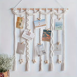 décoration murale boho macramé franges blanc cassé tasseaux bois artisanal