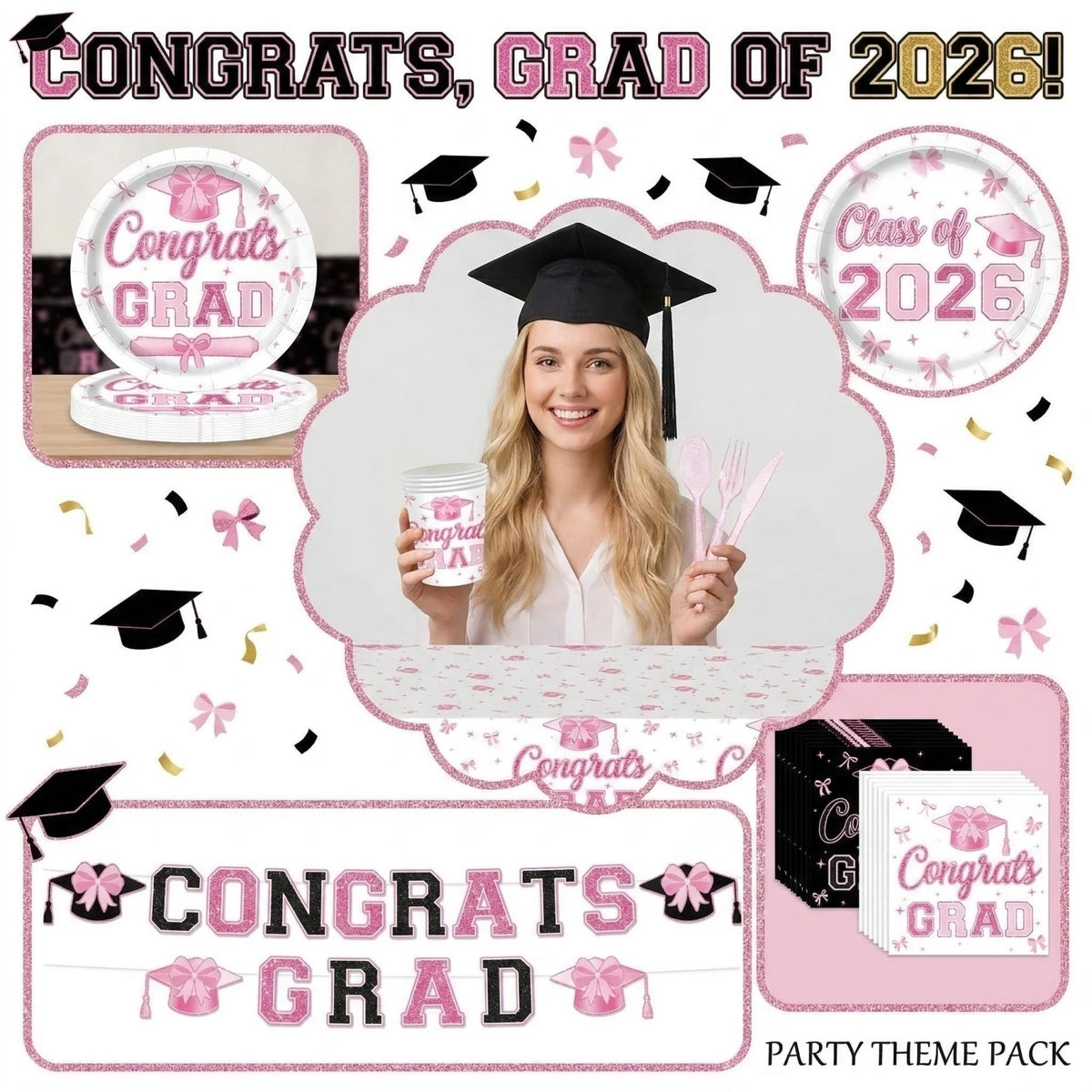 décoration fête graduation assiettes gobelets serviettes nappe noir rose diplôme étoiles congrats grad