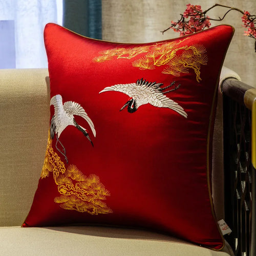housse coussin carré broderie oiseau blanc chinois décoration salon canapé intérieur luxe
