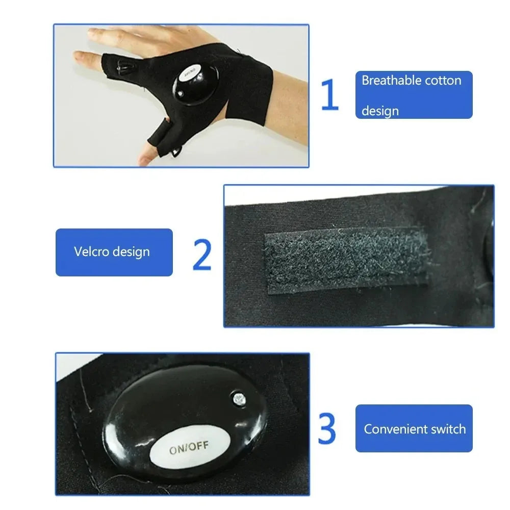 gants travail lampe torche noirs interrupteur velcro pratique camping