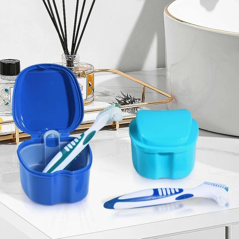 brosse dents conteneur prothèse dentaire bleu blanc moderne pratique hygiène buccale set accessoire santé