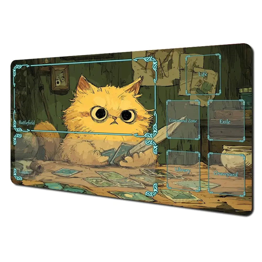 tapis jeu illustration chat cartes texturé zones jeu vert beige bleu clair art détaillé