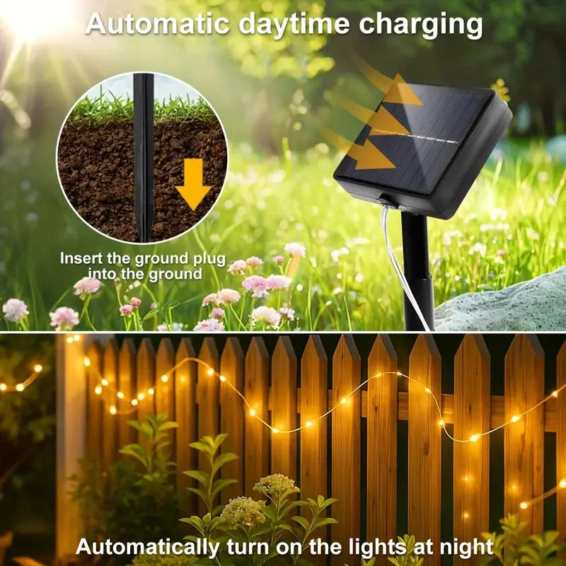guirlande lumineuse solaire dorée jaune moderne modes éclairage imperméable ip65 led autoinstallationextérieur camping mariage