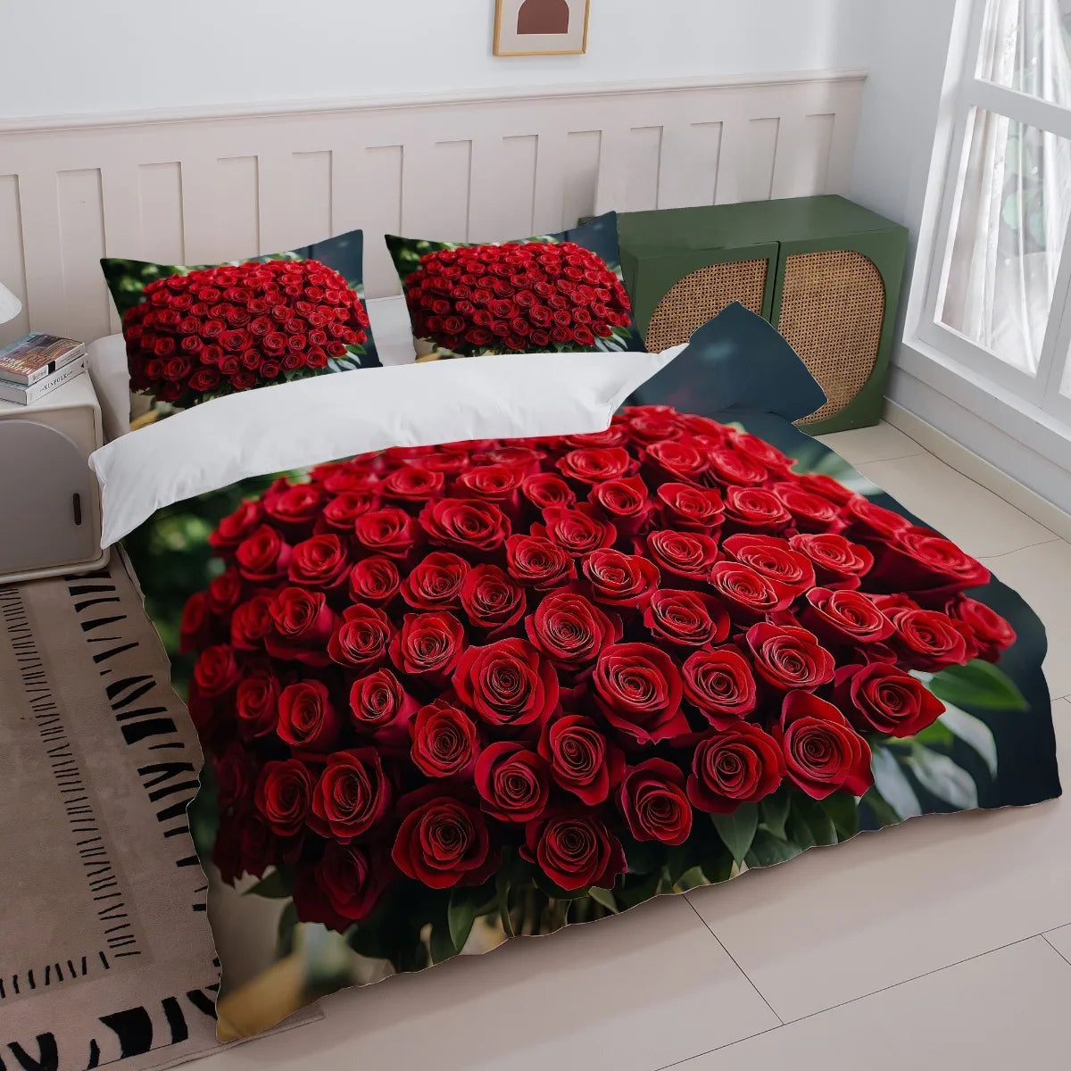 housse couette imprimée roses rouges moderne 3d taies d'oreiller polyester brossé double queen size