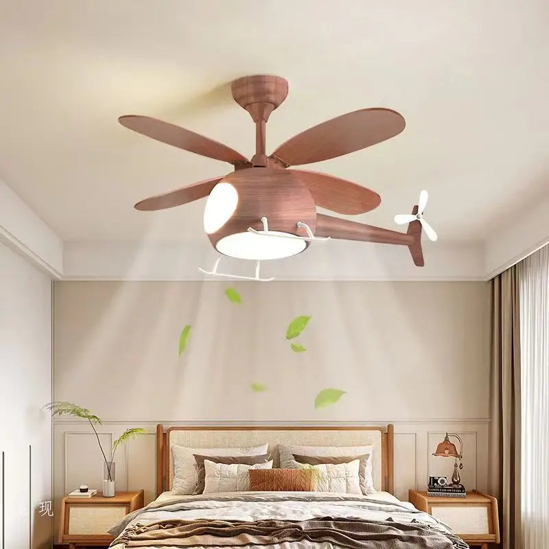 ventilateur intelligent enfants bois lumières led hélicoptère moderne télécommande