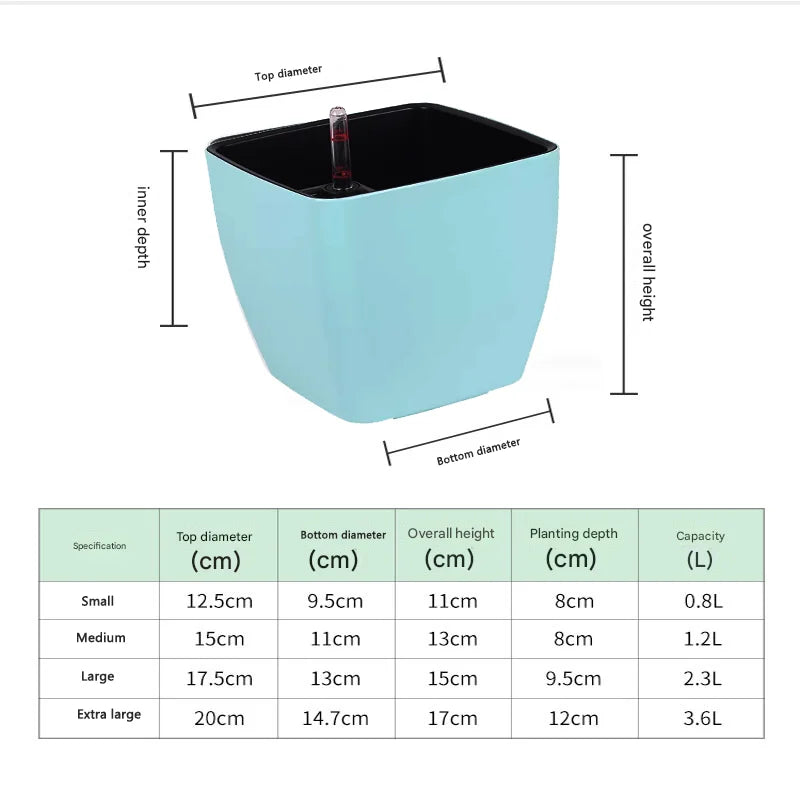 pots auto arrosants indicateur niveau eau moderne plante verte intérieur blanc bleu clair contemporain
