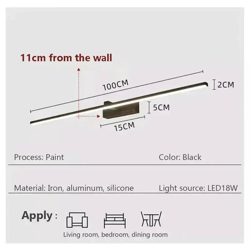 lampe murale moderne miroir led 100cm blanc noir minimaliste chambre cuisine