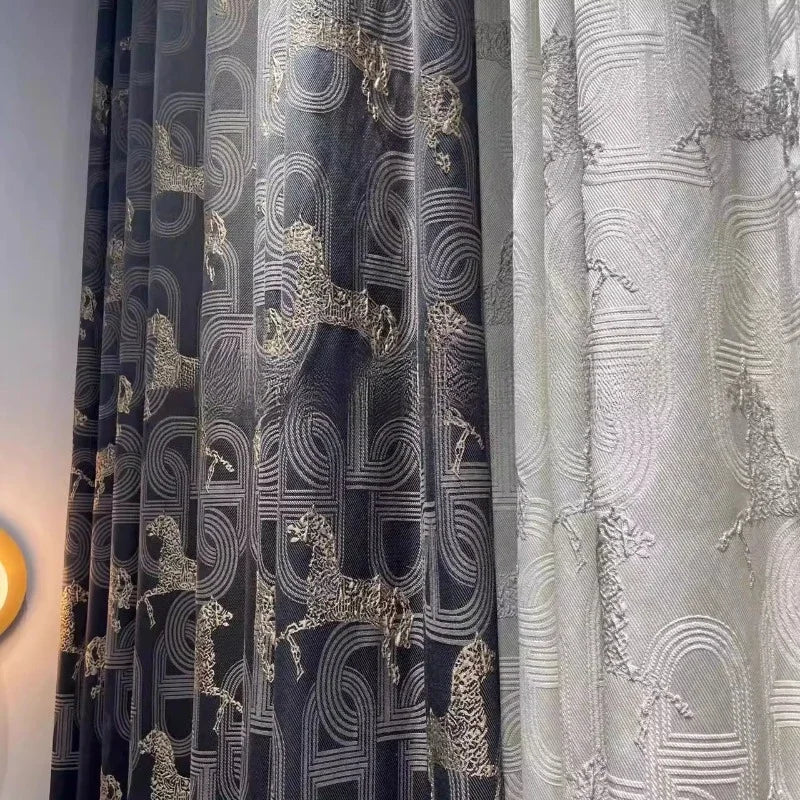 rideau translucide moderne motif cheval doré gris beige salon chambre fenêtre maison élégant