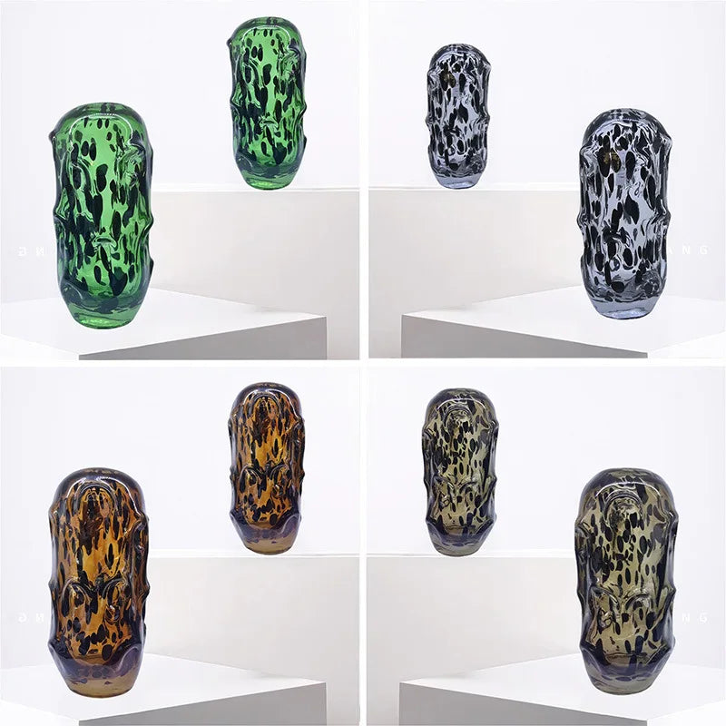 vases modernes transparents colorés points ondulés marron vert noir bleu
