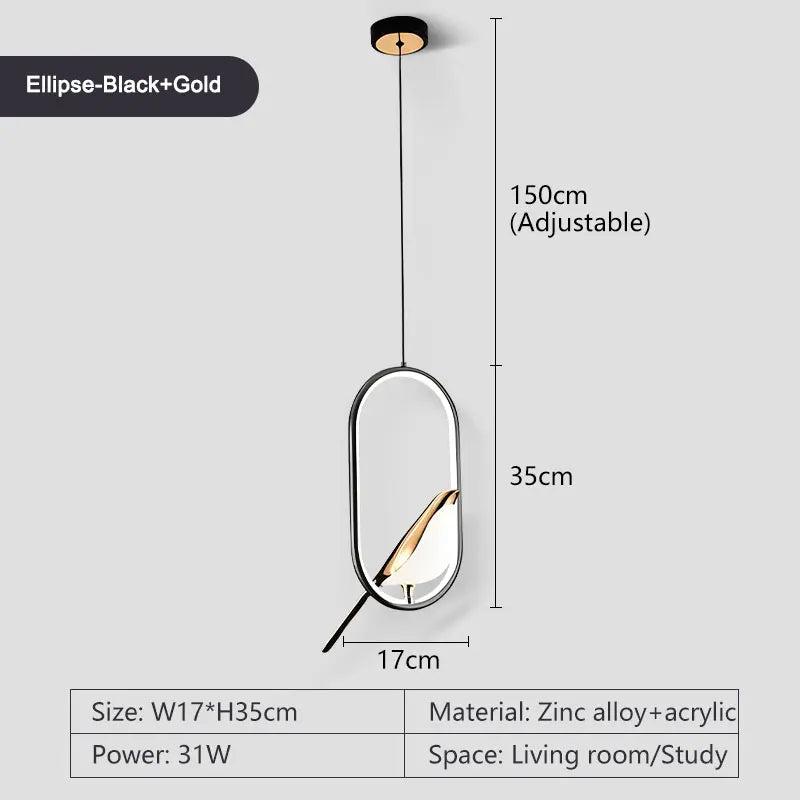 Suspension lumineuse ovale contemporaine oiseau noir doré salon chambre