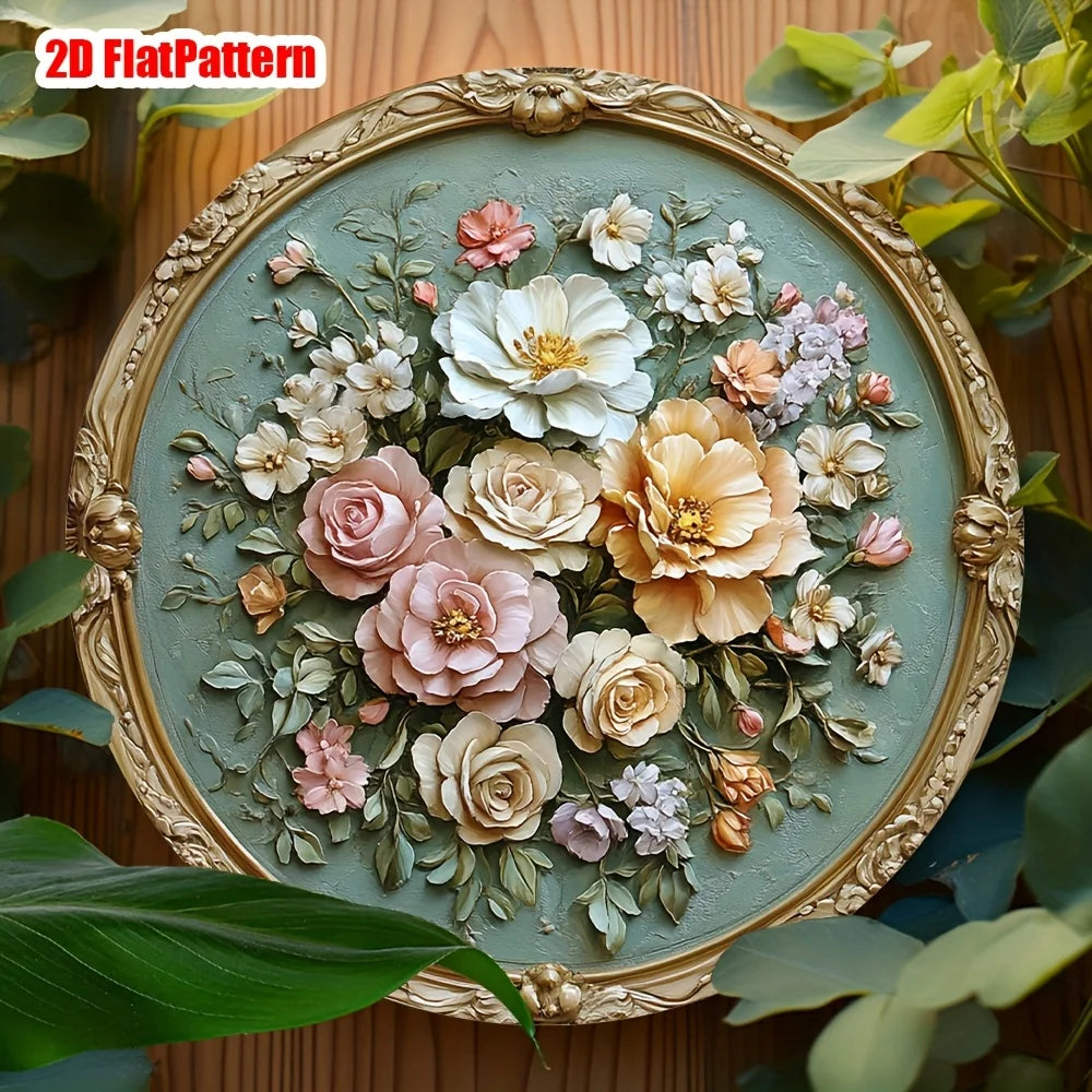 décoration murale ronde motif floral vintage roses feuilles vert menthe blanc