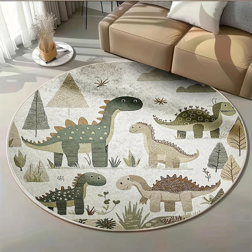 tapis rond moderne dinosaures arbres floral bébé chambre salon beige vert gris