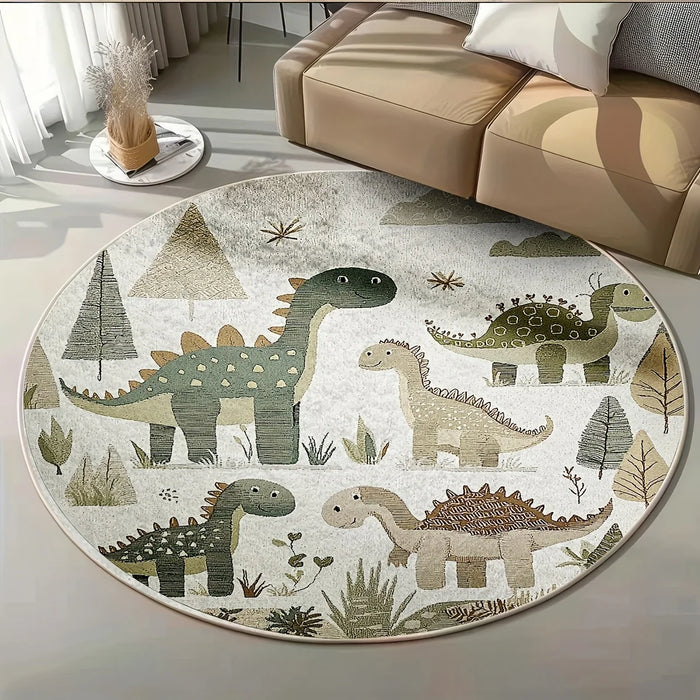 tapis rond moderne dinosaures arbres floral bébé chambre salon beige vert gris