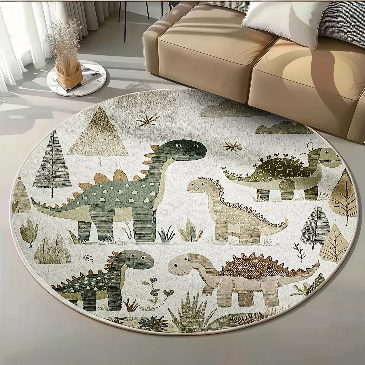 tapis rond moderne dinosaures arbres floral bébé chambre salon beige vert gris