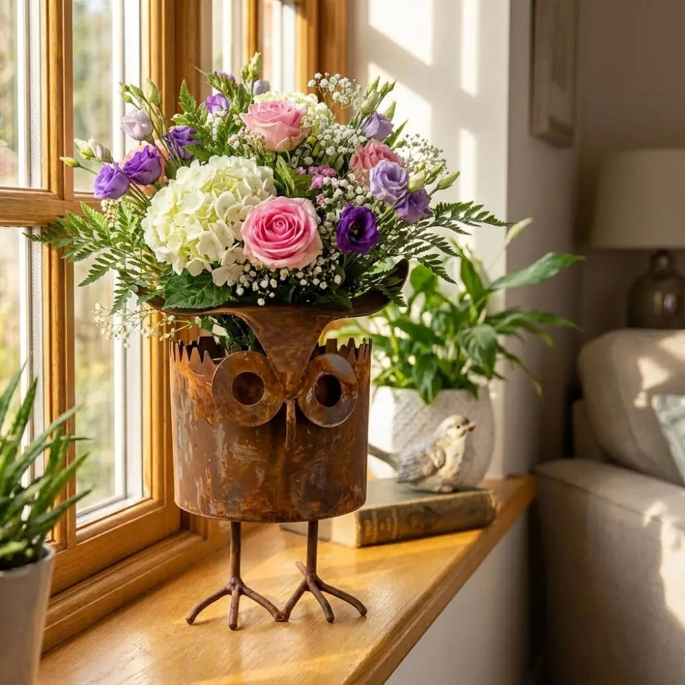 pot fleurs forme oiseau marron rustique texture metallique aspect vieilli moderne jardin balcon