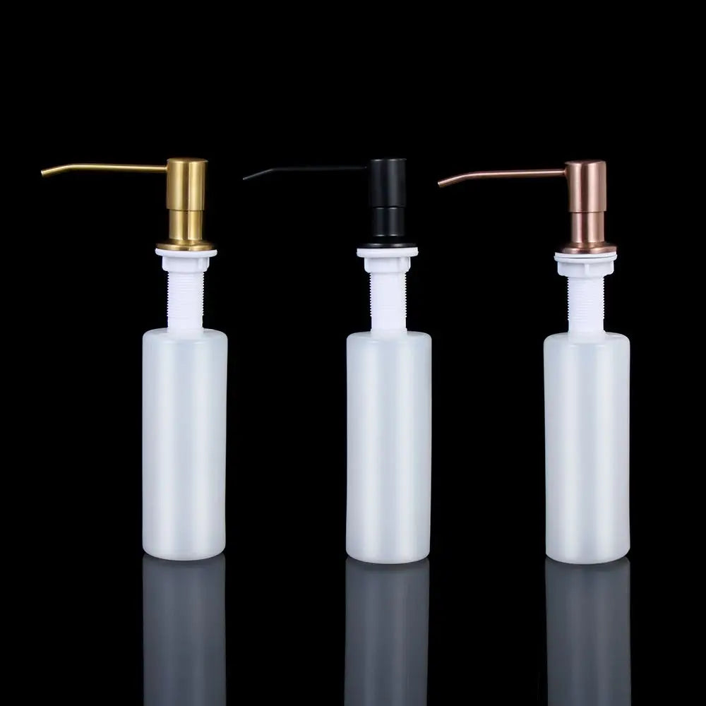 distributeur savon évier moderne blanc doré cuivre noir poignée bouteille mousse mains plastique