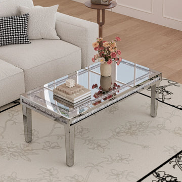 table basse rectangulaire transparente strass argentée moderne pieds verre salon decoration