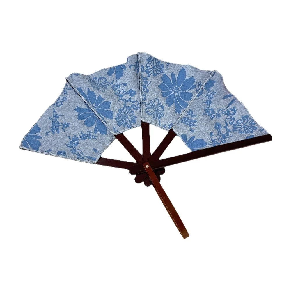éventail classique pliant bleu clair fleurs blanches tissu lin cuir multifonctionnel intérieur portable