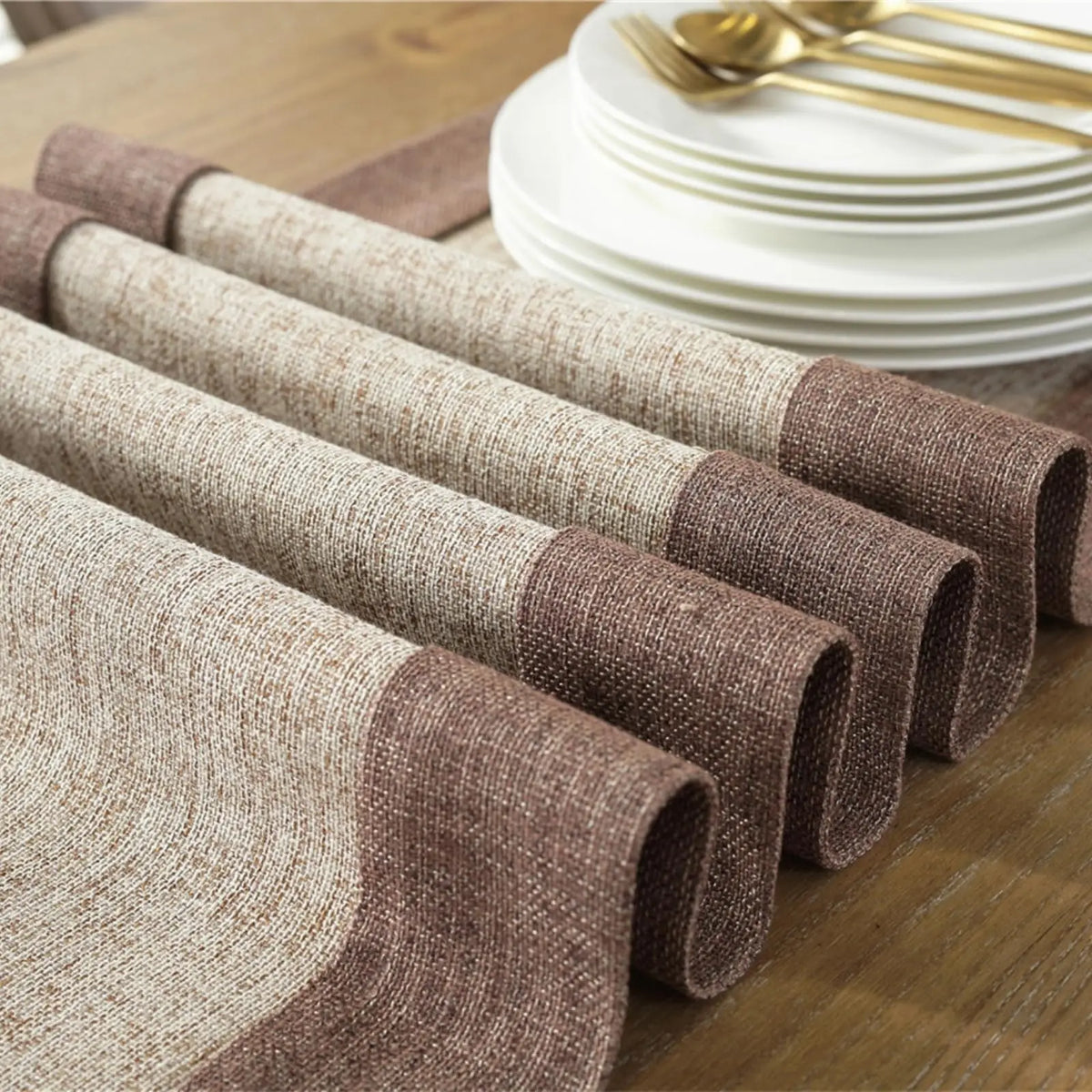 table cheminement lin naturel patchwork beige marron classique maison festif deco