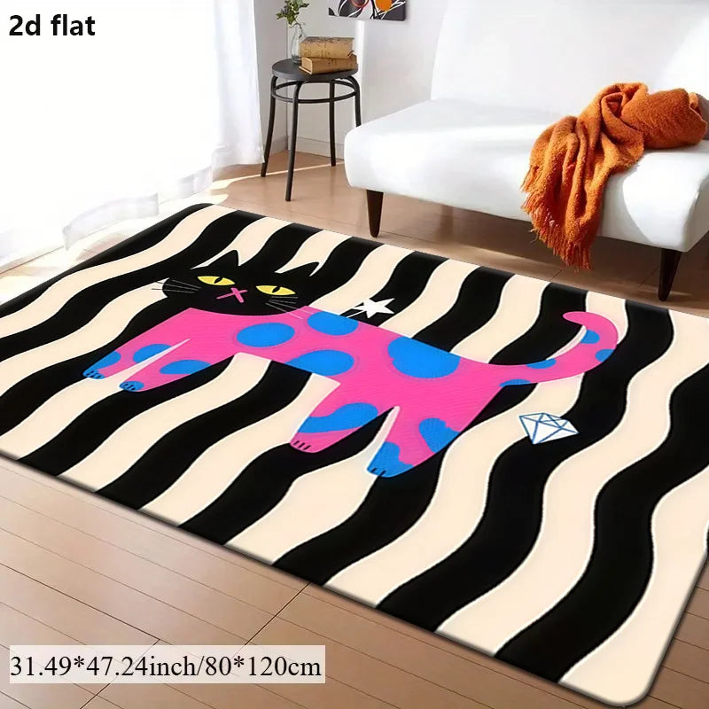 tapis moderne graphique chat dessin animé noir blanc rose bleu gris antidérapant polyester feutre