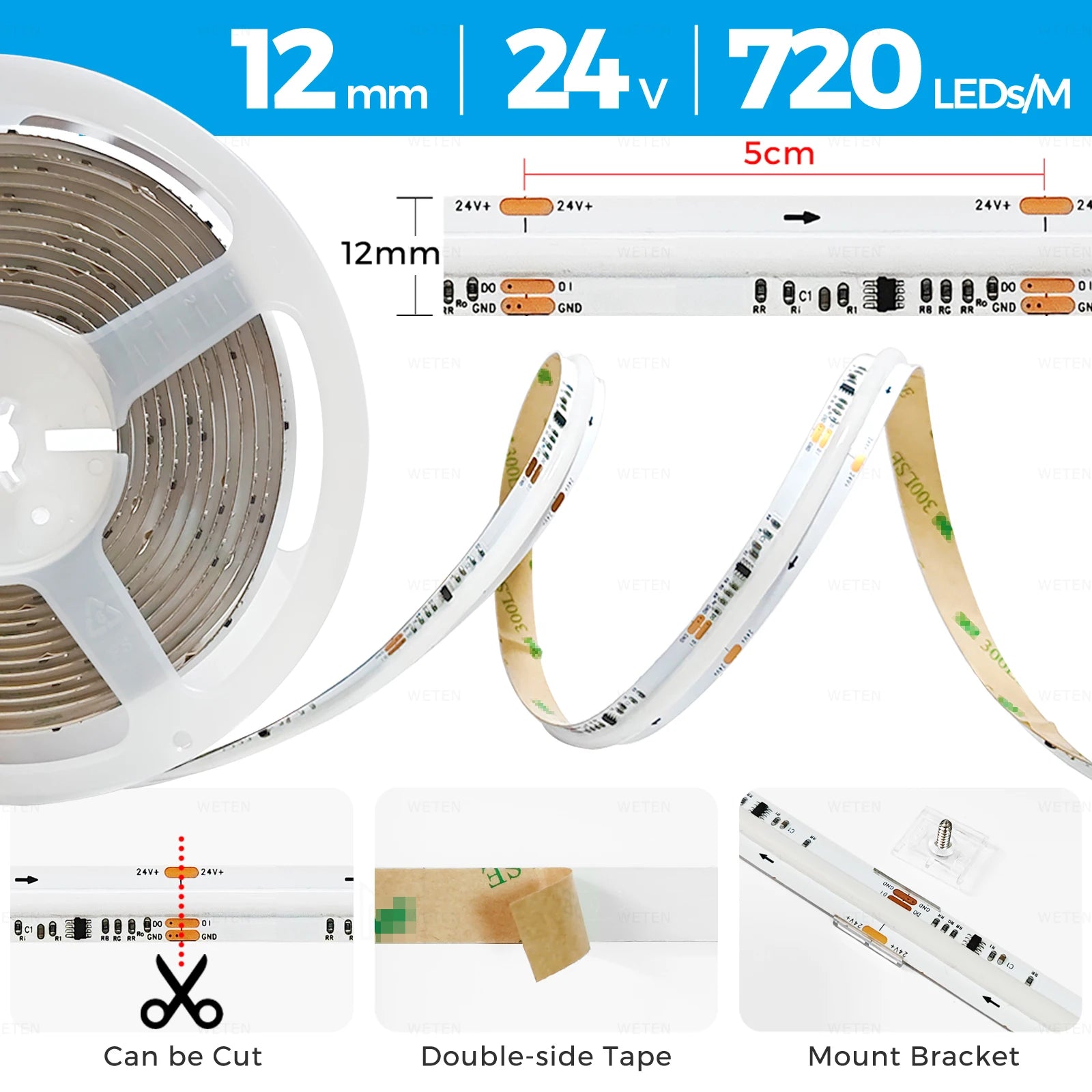 Ruban LED connecté RGBIC COB WiFi 24V adressable brun