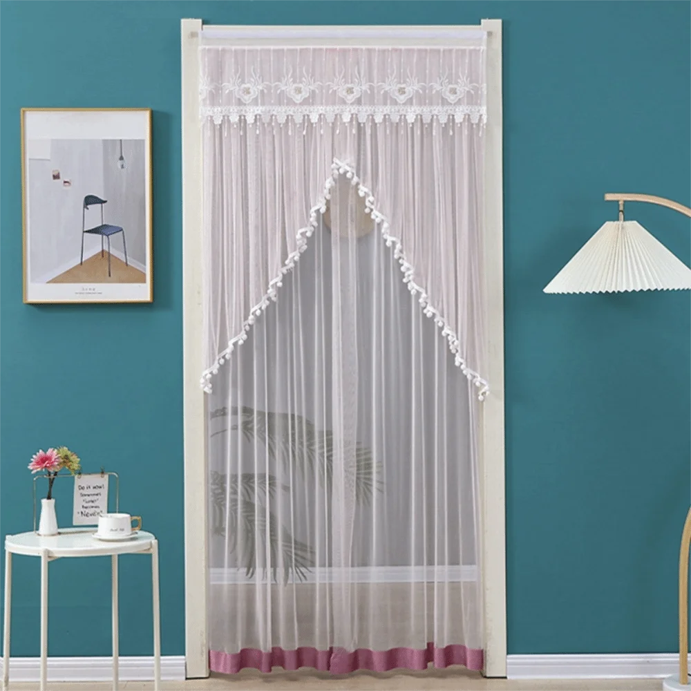 rideau porte décoration dentelle pompons auto adhésif blanc beige violet vertclair