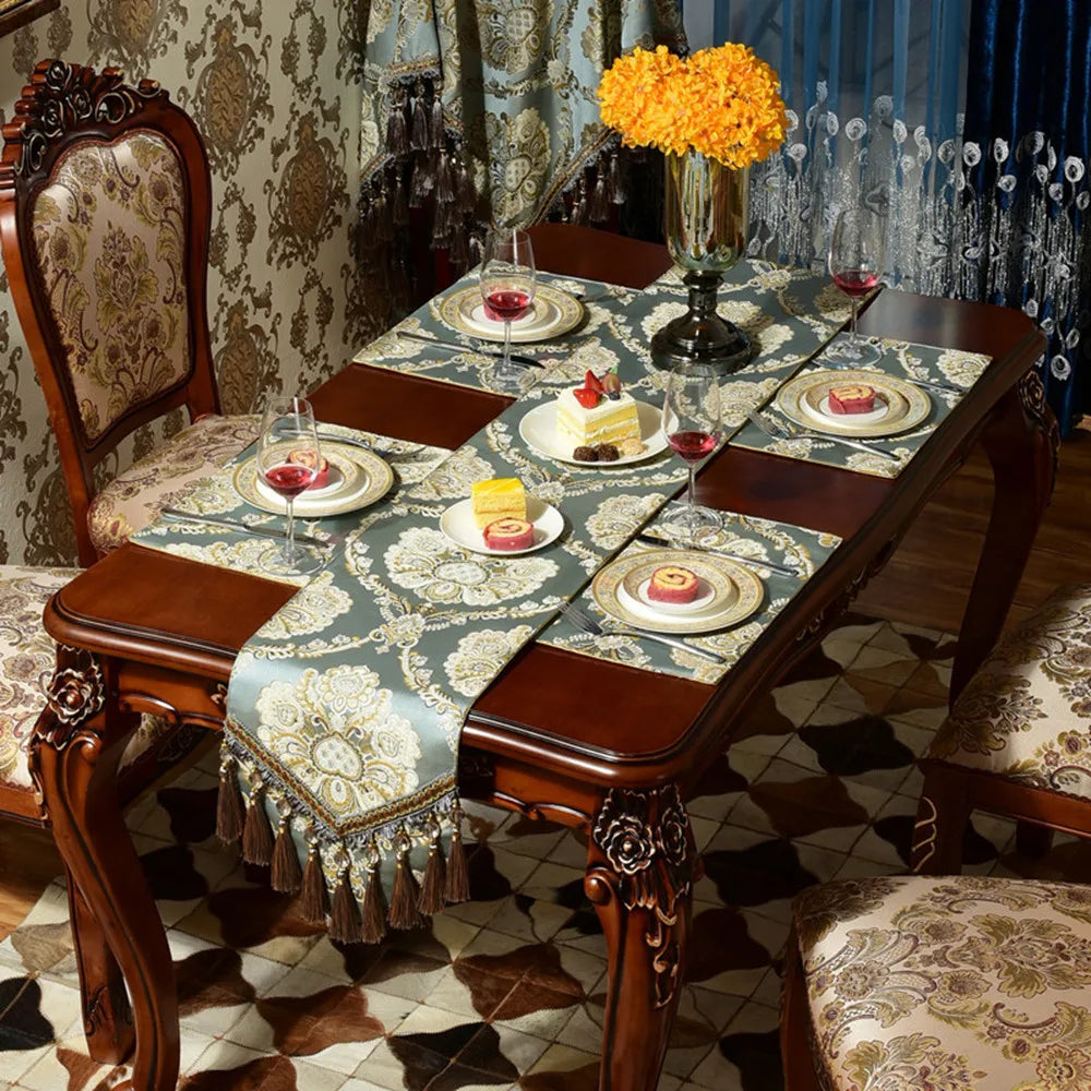 chemin table vert brodé élégant maison scénique polyester coton ornemental serviettes assiettes couverts vin