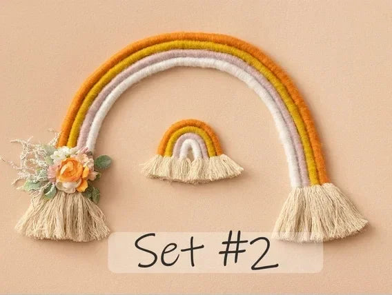 décoration arc ciel tissé franges bohème artisanal nouveau né photo chambre bébé rose blanc