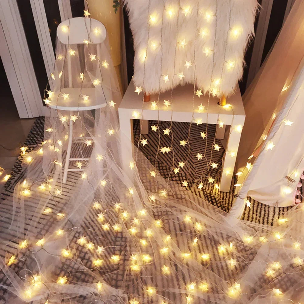guirlande lumineuse étoiles blanc doré moderne chambre noël 5v batterie sèche 1.5m 3m