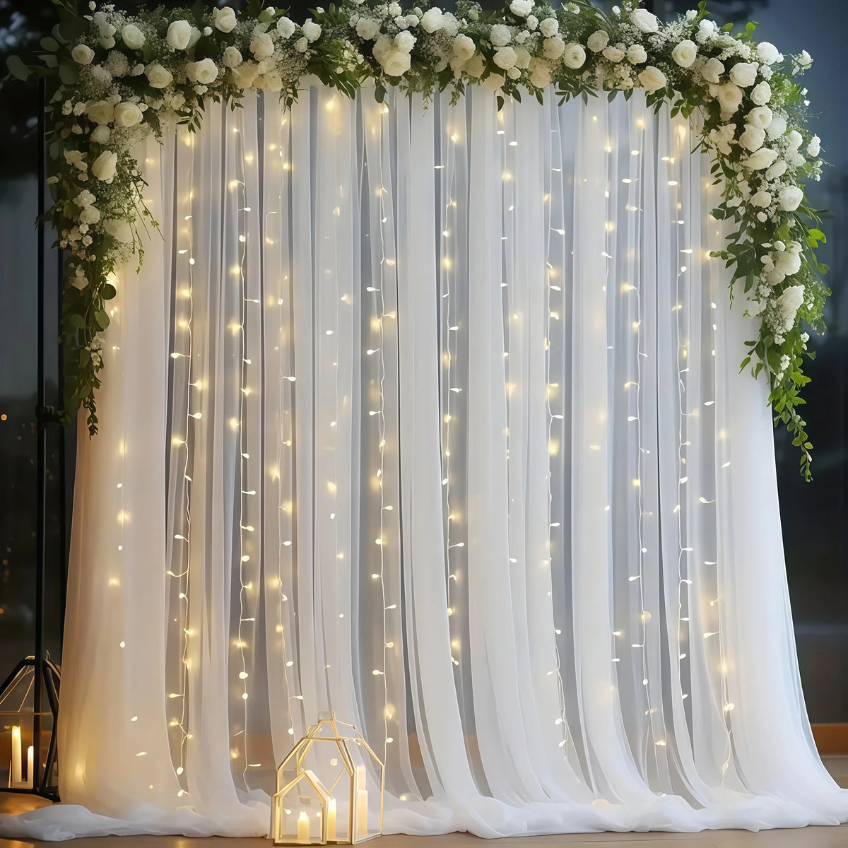 rideaux tulle blanc rose doré fête anniversaire mariage romantique guirlande lumineuse élégante
