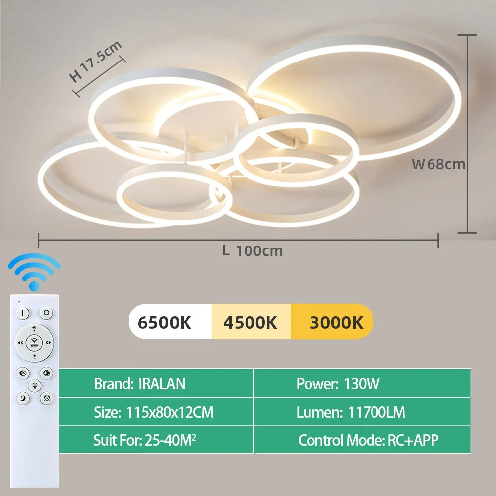 lampe moderne anneaux blanc or télécommande éclairage led minimaliste facile flux lumineux variable