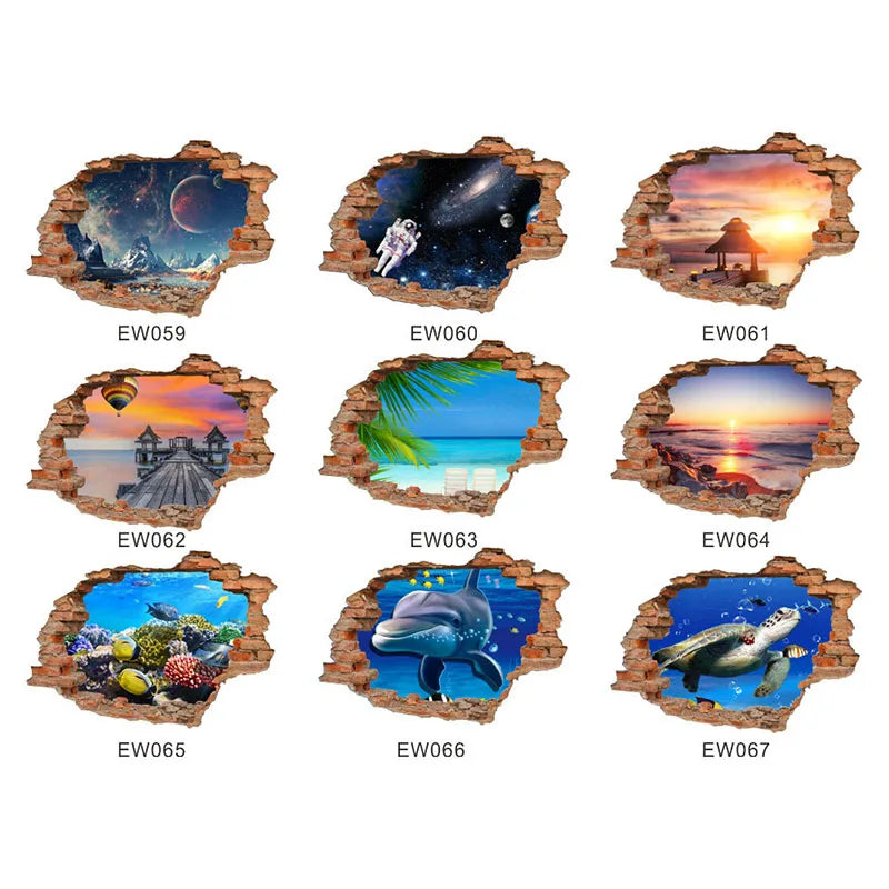 sticker mural 3d scène naturelle illusion optique adhésif multicolore coucher soleil océan planètes enfants