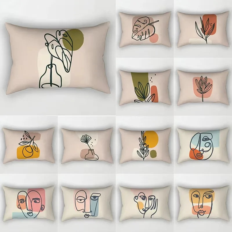 coussin rectangulaire moderne motif abstrait feuilles visages 100 polyester beige clair lit salon chambre