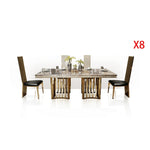 ensemble salle manger moderne chaises hautes table marbre veiné cadre métal doré minimaliste