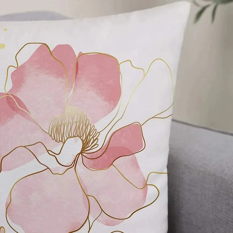 housse coussin imprimé fleurs roses dorées moderne blanc décoration maison 100 polyester