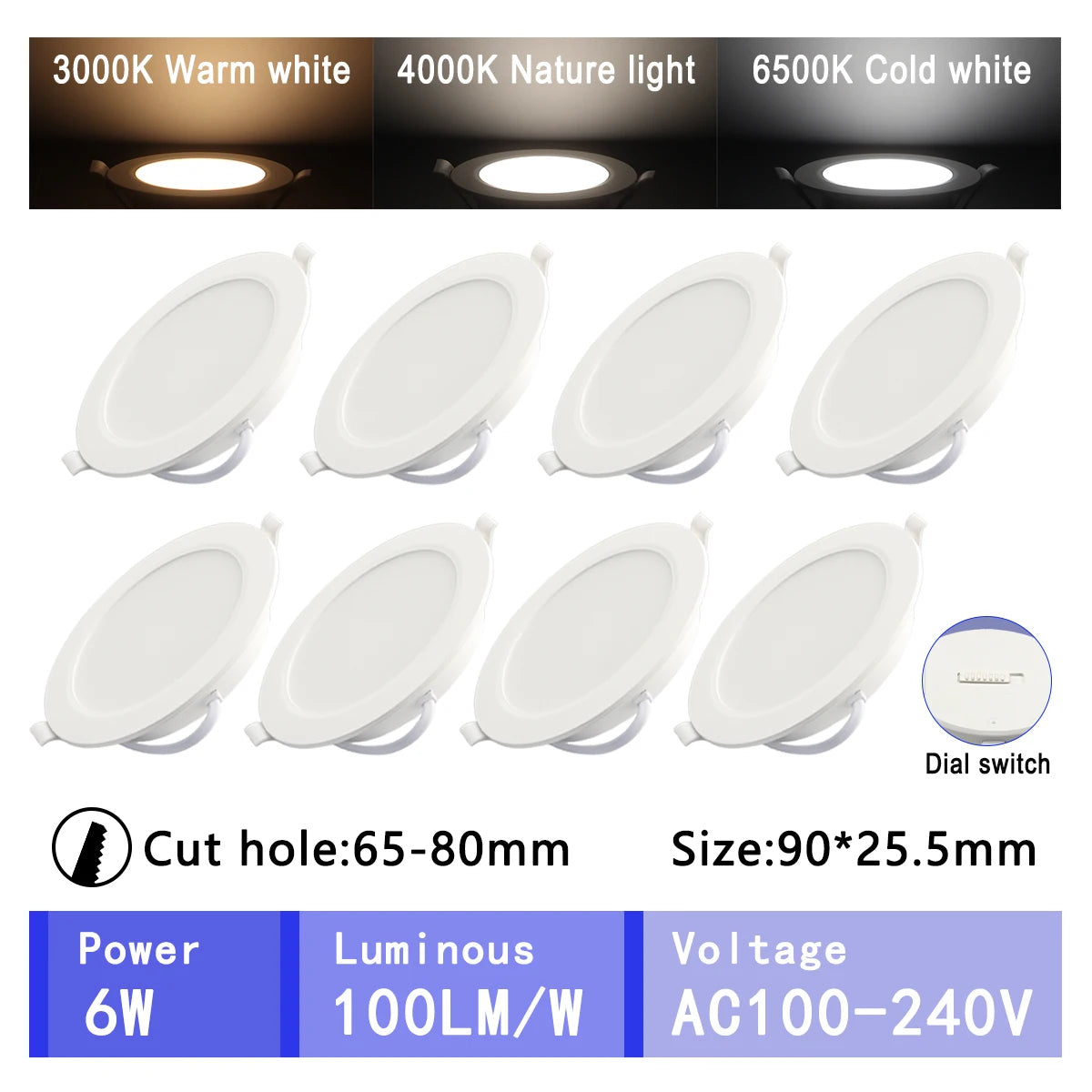 spots led 6w 10w 14w 17w 20w 24w blanc moderne encastrables 120° 3cct ac100
