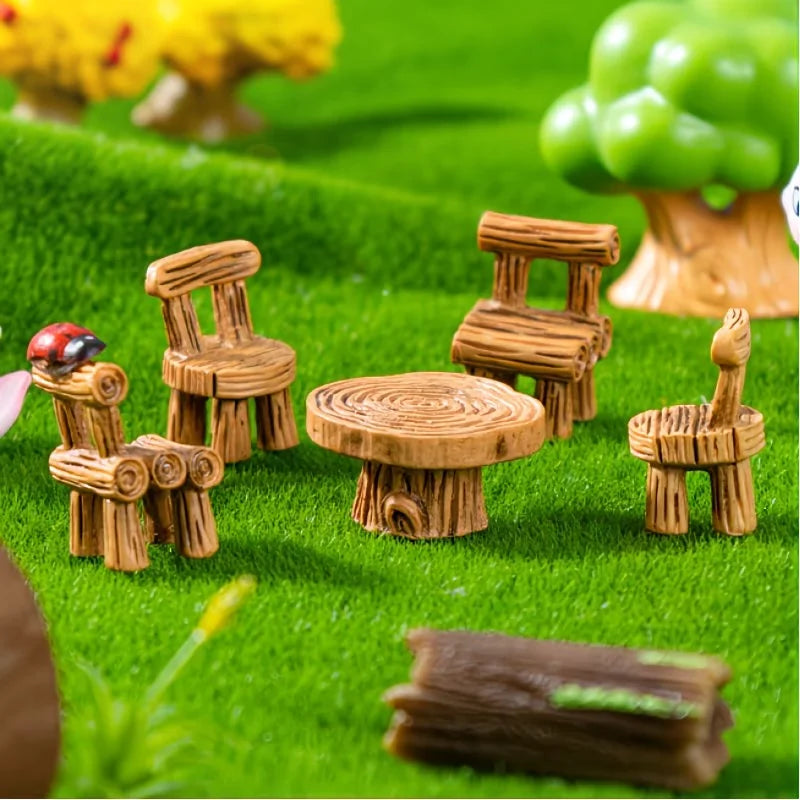 miniature mobilier jardin résine imitation bois table chaises bûche coccinelle papillon fleurs arbre