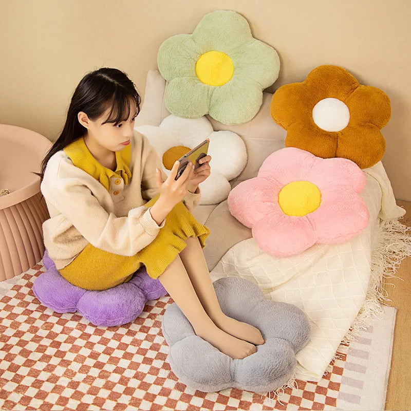 coussin rond fleuri pelucheux doux moderne vert rose blanc jaune gris