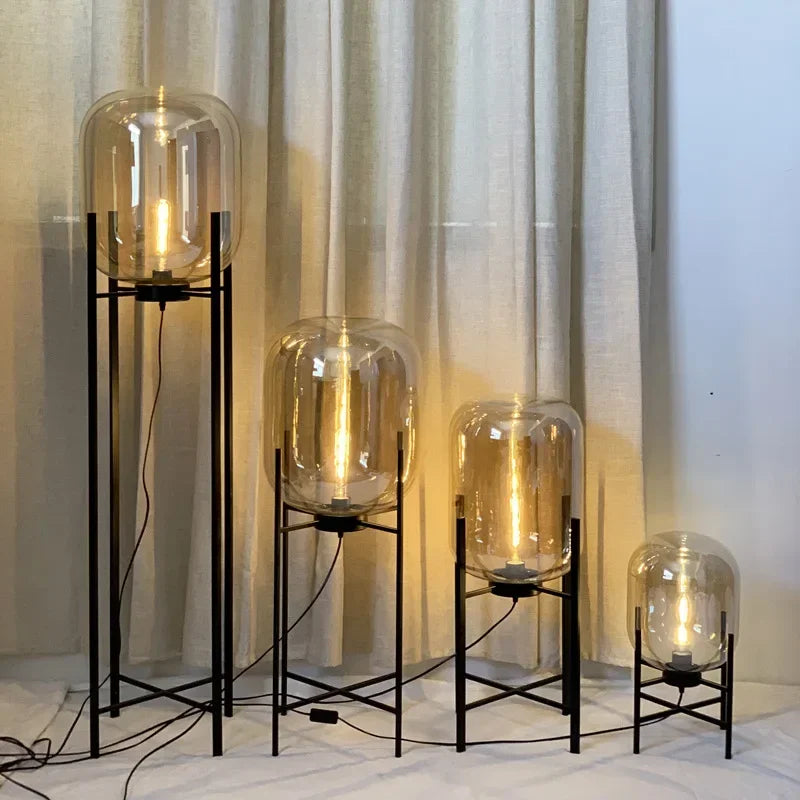 lampe sol moderne transparente ampoule filament noir gris fumé led verre minimaliste