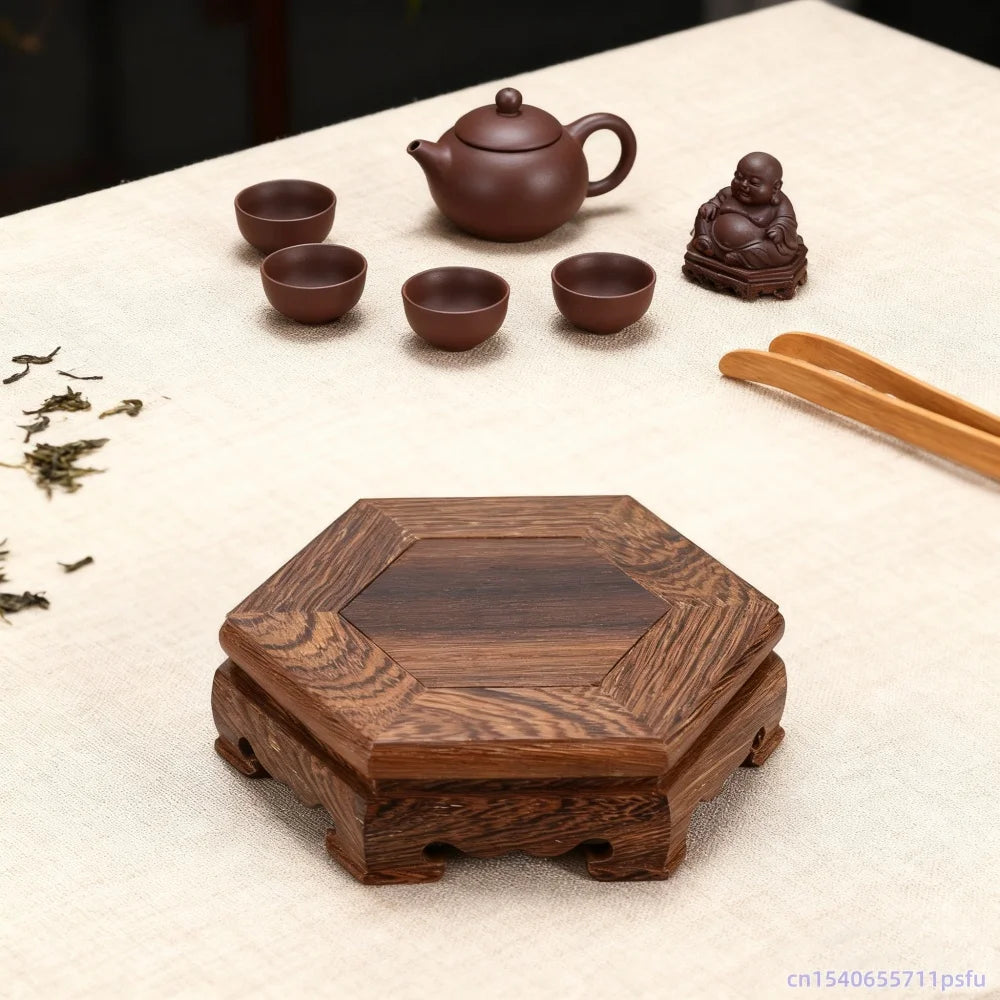 présentoir bois hexagonal support plantes décoration traditionnelle orchidées bouddha cendrier encens marron grain naturel