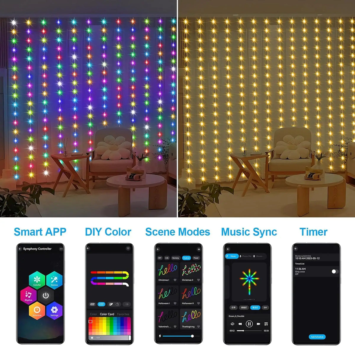 rideau lumineux led multicolore modernes controle distant application mobile deco festive