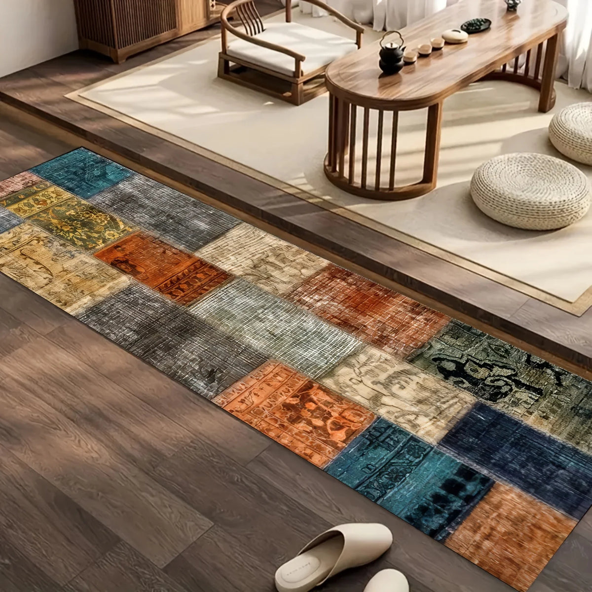tapis moderne patchwork imprimé bleu vert orange gris polyester résistant intérieur salon chambre