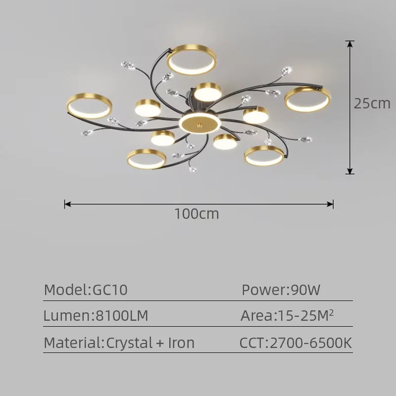 plafonnier led or noir floral éclairage moderne télécommande suspension chambre salon