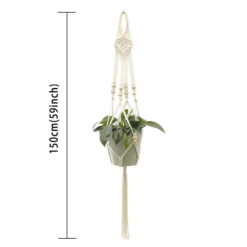 support plante suspendue macramé boho panier blanc noeuds réguliers artisanal pot fleuri