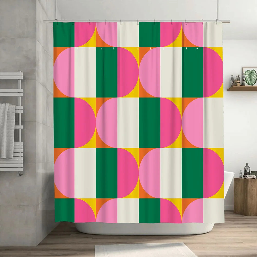 rideau douche moderne géométrique vert rose jaune blanc anneaux fixation 150x180cm