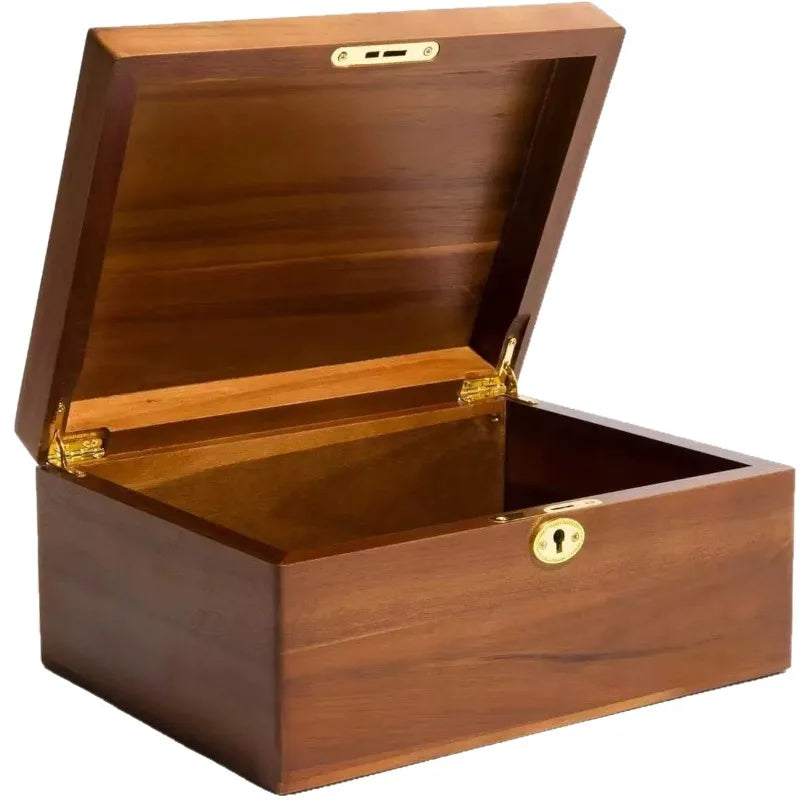 boîte rangement bijoux bois marron clair serrure charnières classique intérieur grain bois opaque femmes