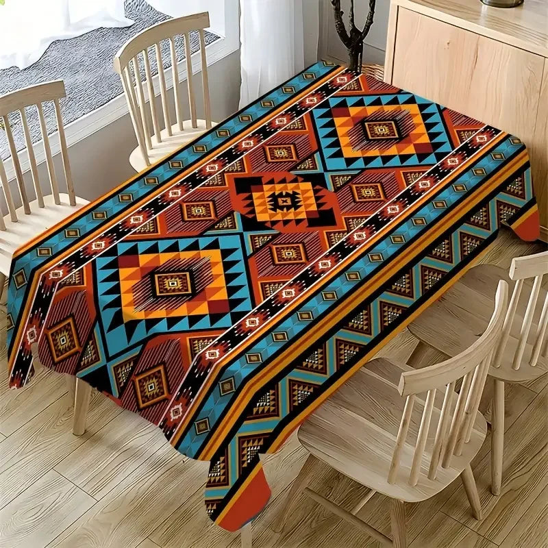 nappe géométrique aztèque moderne bleu orange rouge beige table manger polyester réutilisable