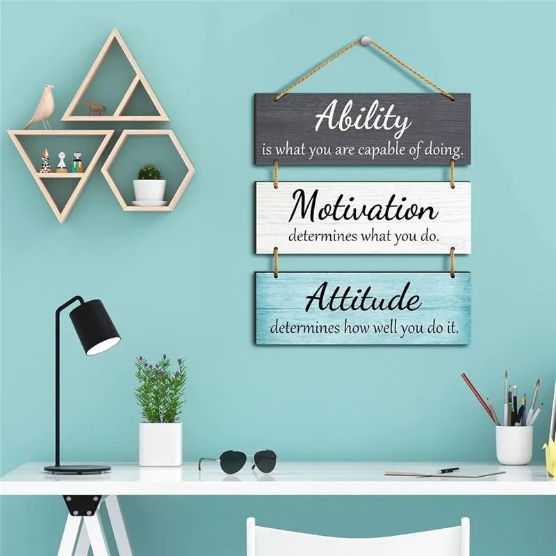 panneaux décoratifs suspendus motif motivationnel rustique aspect bois vieilli couleur noir blanc turquoise