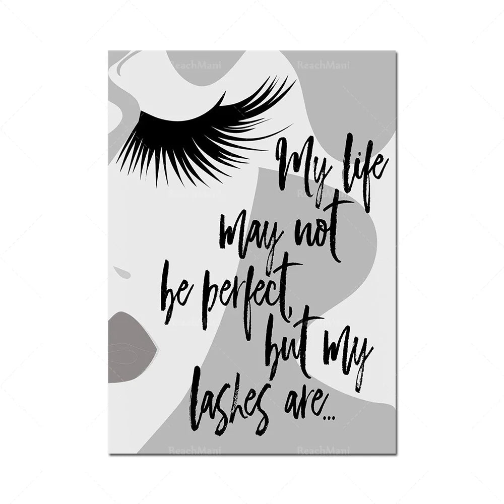 L'image montre une illustration en noir et blanc représentant des cils avec un texte disant "Ma vie peut ne pas être parfaite, mais mes cils le sont".