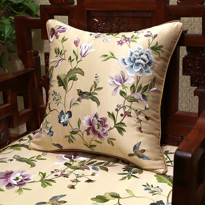 coussin carré motif floral oiseaux vert satiné salon chambre coucher nouvelle décoration chinoise